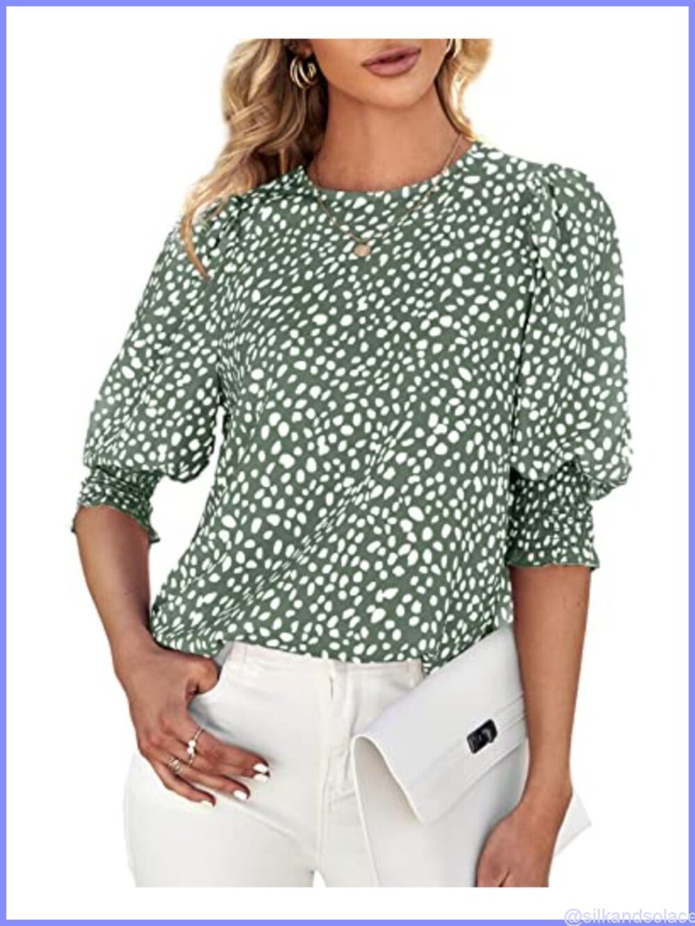 Women's Polka Dot 3/4 Sleeve Blouse Ruffle Cuff Casual Office Top